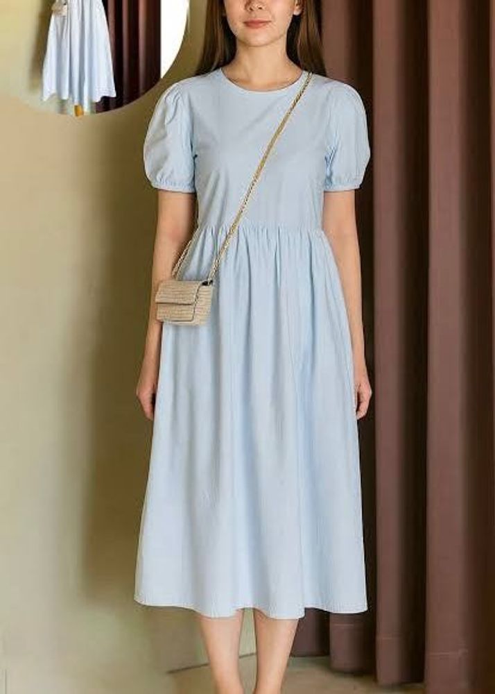 Light Blue Puff Sleeve Midi Dress