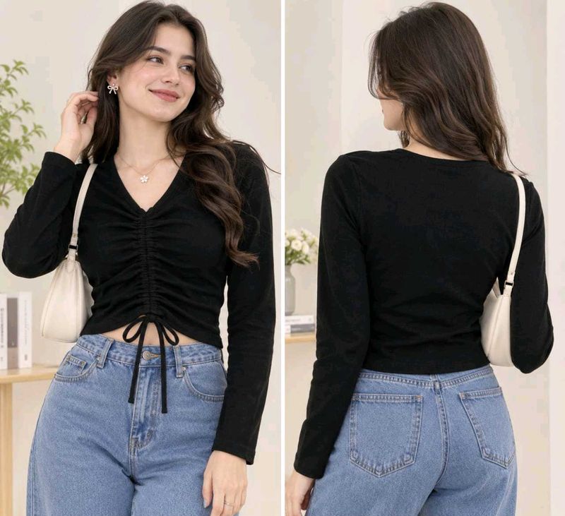 Chic Black Ruched Long Sleeve Top