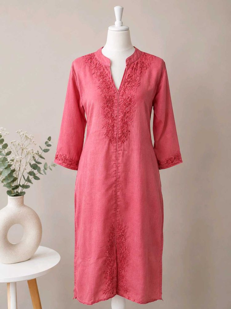 Embroidered Coral Kurta