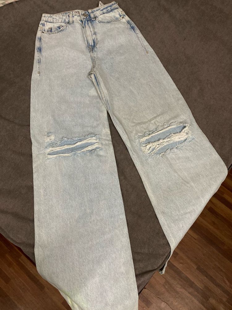 ZARA Light Wash Ripped Wide Leg Jeans