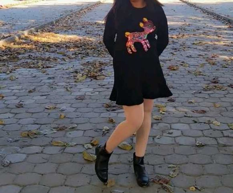 Cute Deer Graphic Black Dress