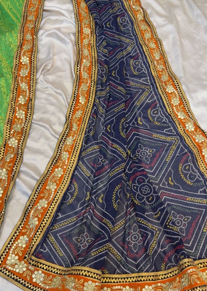 Elegant Blue Bandhani Saree with Orange Border