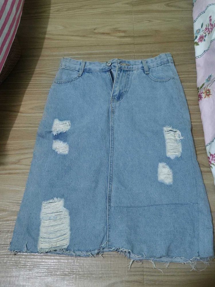 Distressed Denim Midi Skirt