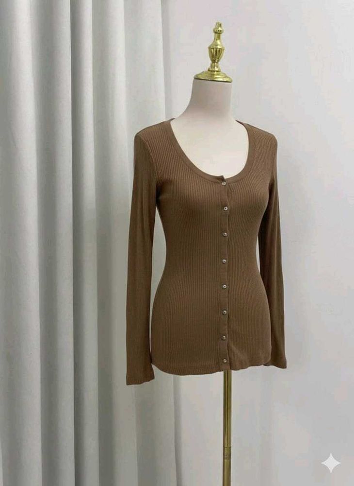 Ribbed Button Front Top