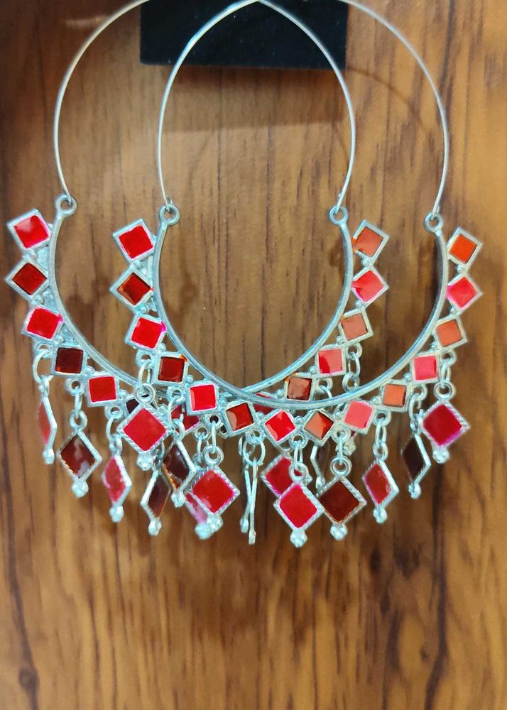 Bohemian Hoop Earrings with Red Embellishments