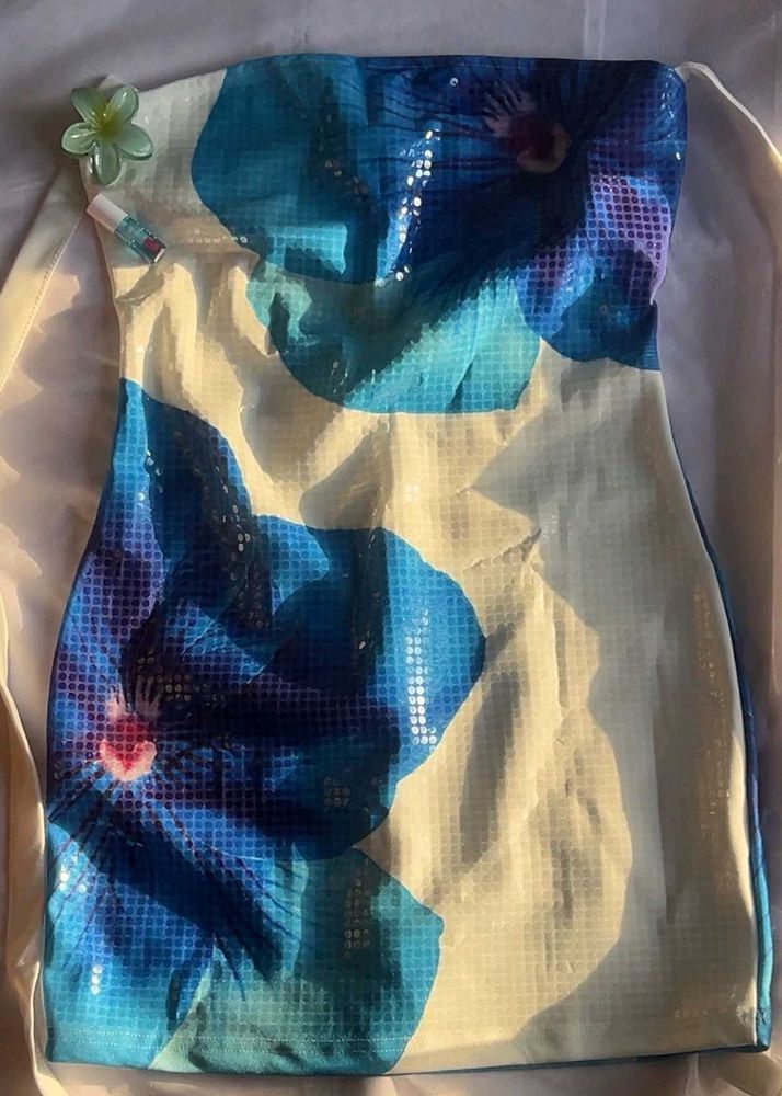 Blue Floral Sequin Mini Dress