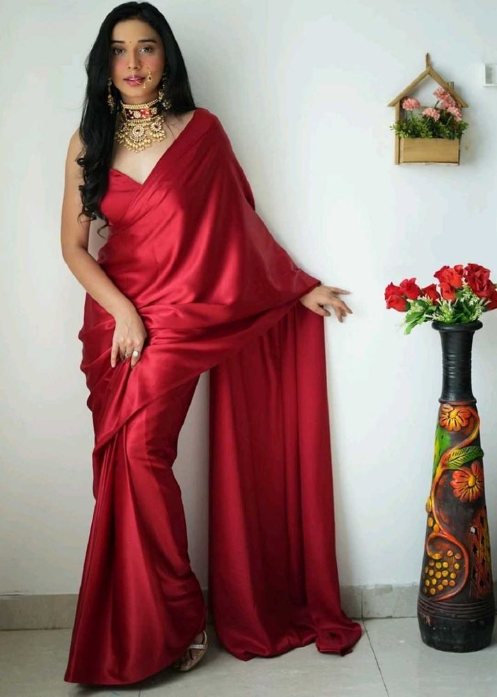 Elegant Red Satin Silk Saree With Large Size Blous