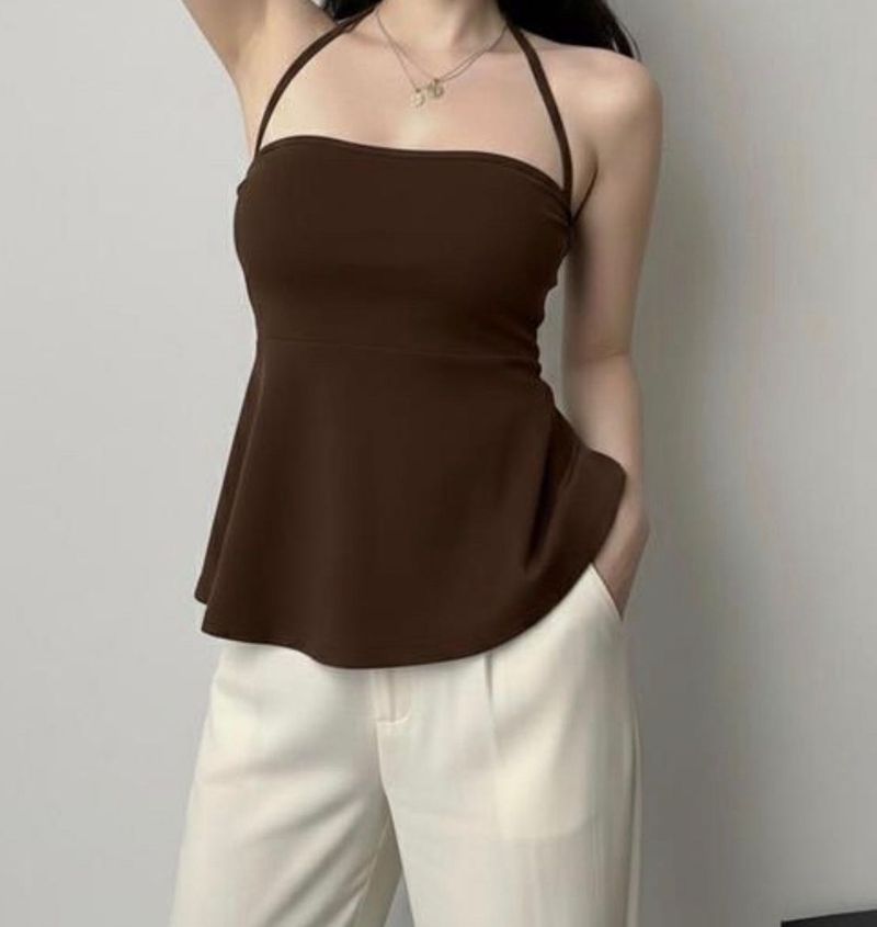 Brown and Red Halter Neck Peplum Top