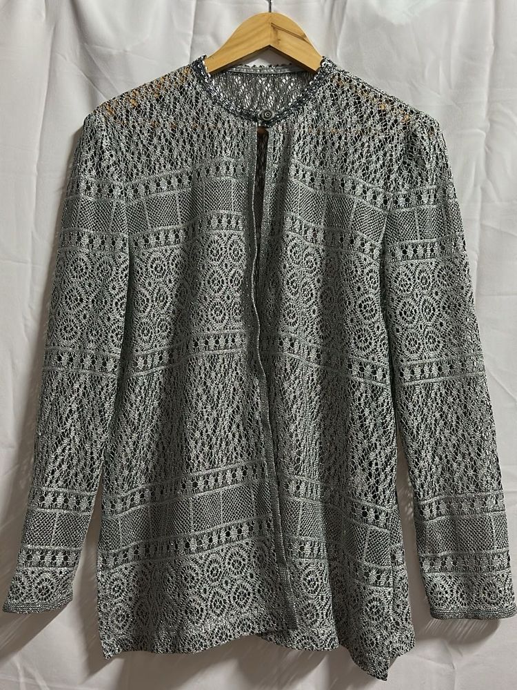 Gray Lace Open Front Cardigan