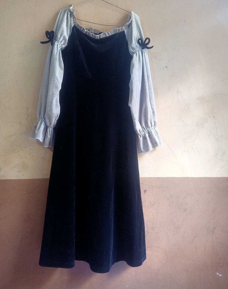 Velvet Off-Shoulder Dress with Puff Sleeves