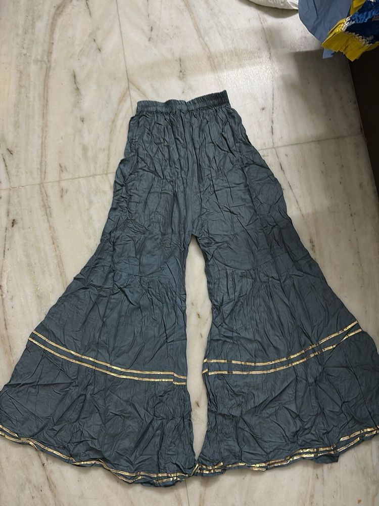 Grey Tiered Palazzo Pants with Gold Trim