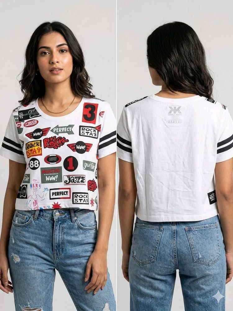 White Cropped T-Shirt with Graphic Patches
