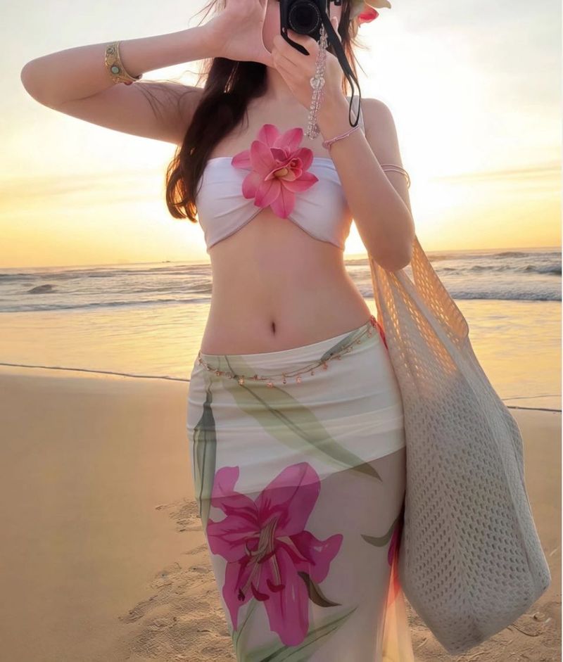 Beach Bikini Skirt with Flower Accent