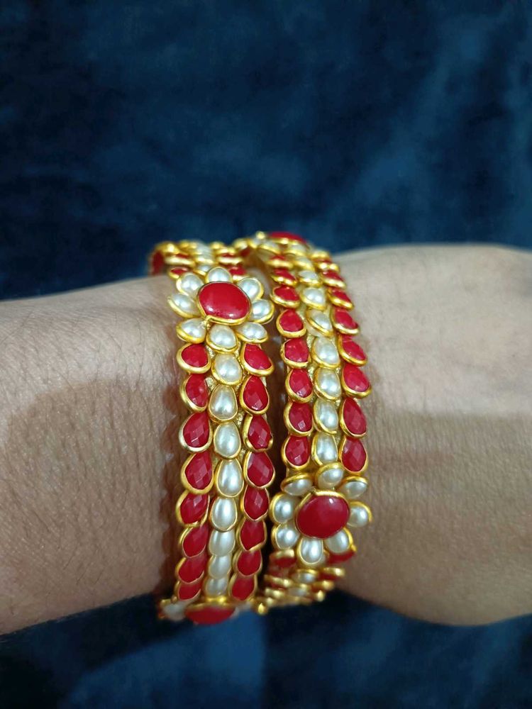 Elegant Red &amp; Pearl Bangles