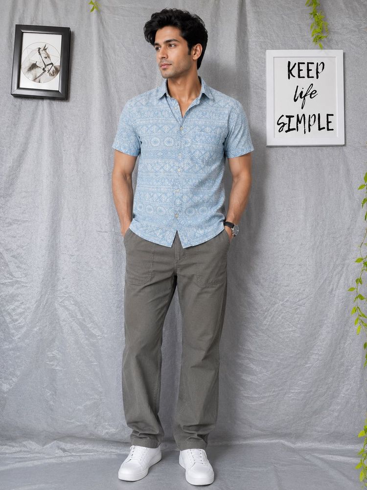 H&amp;M Men's Blue Patterned Short Sleeve Shirt