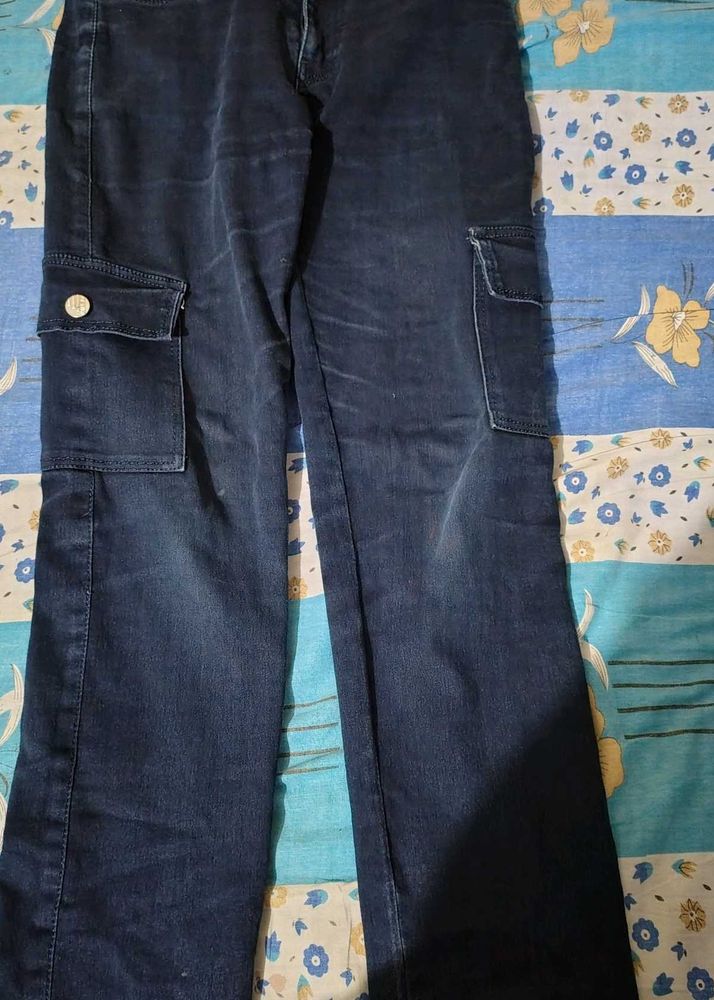 Women's Dark Wash Cargo Jeans