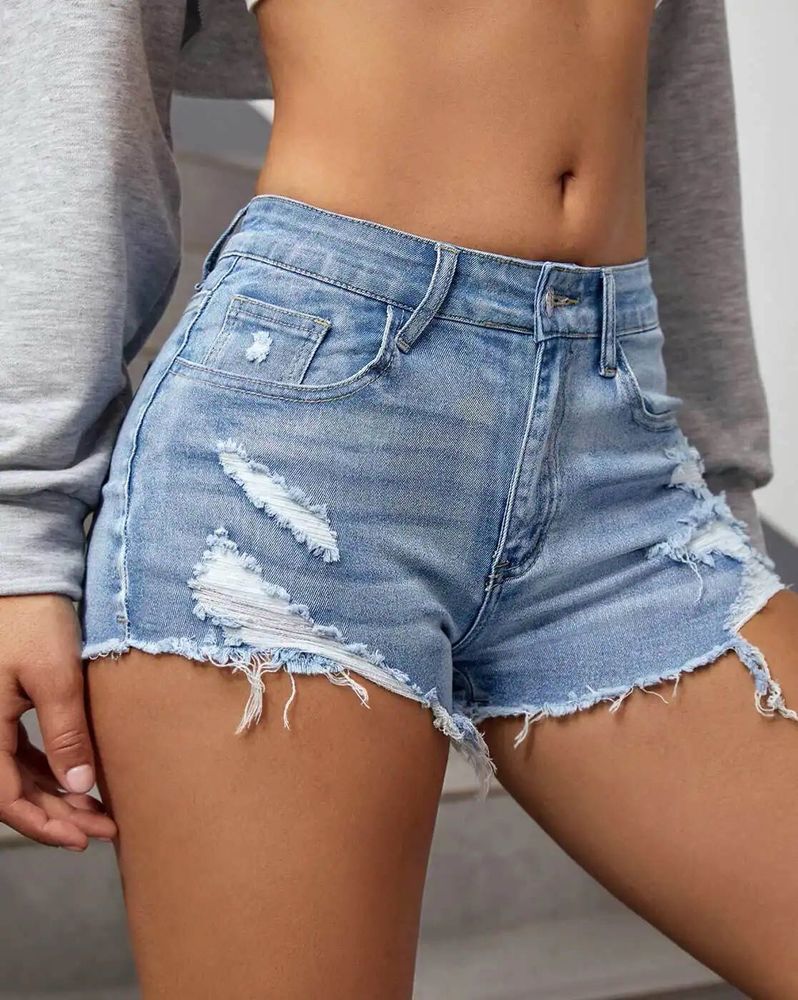 Distressed Light Wash Denim Shorts