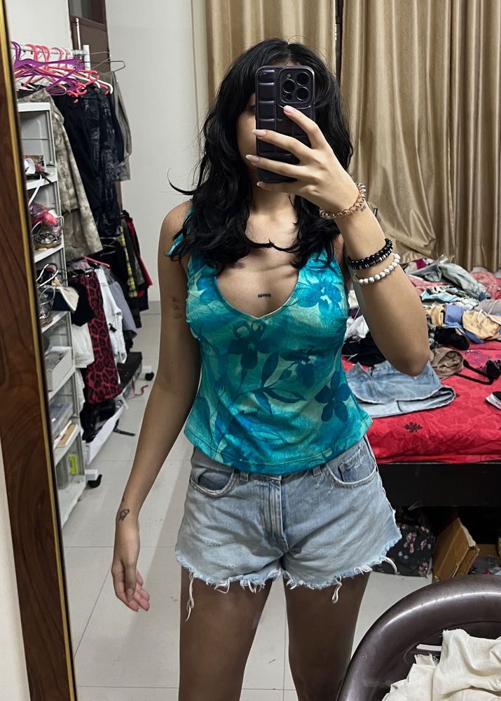 Stylish Teal Floral Halter Top y2k