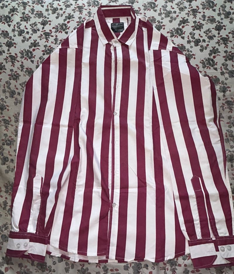 Maroon and White Striped Men's Shirt
