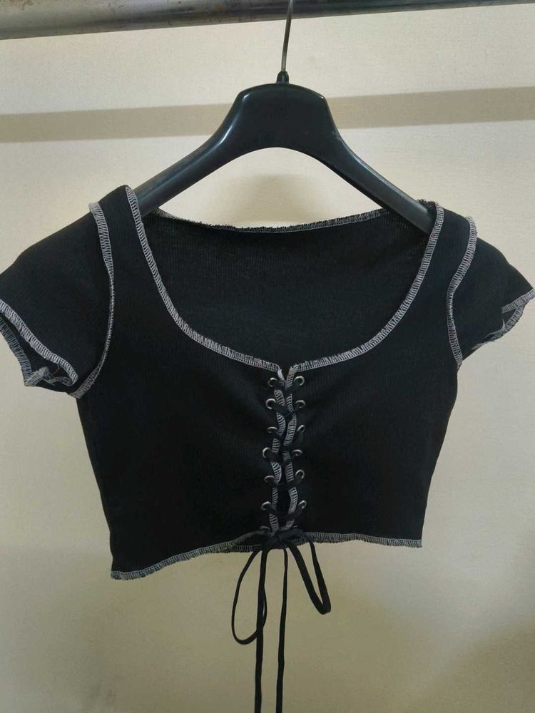 Black Lace-Up Cropped Top