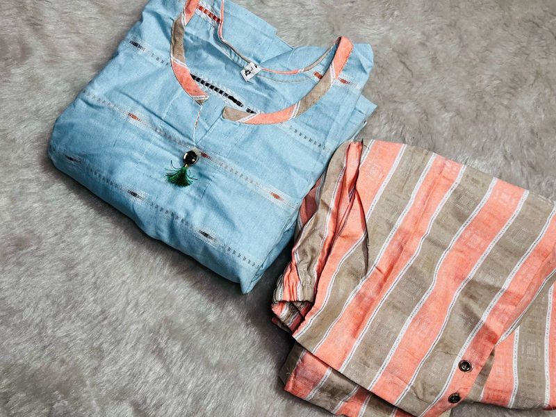 Stylish Blue Kurta Set with Striped Pants