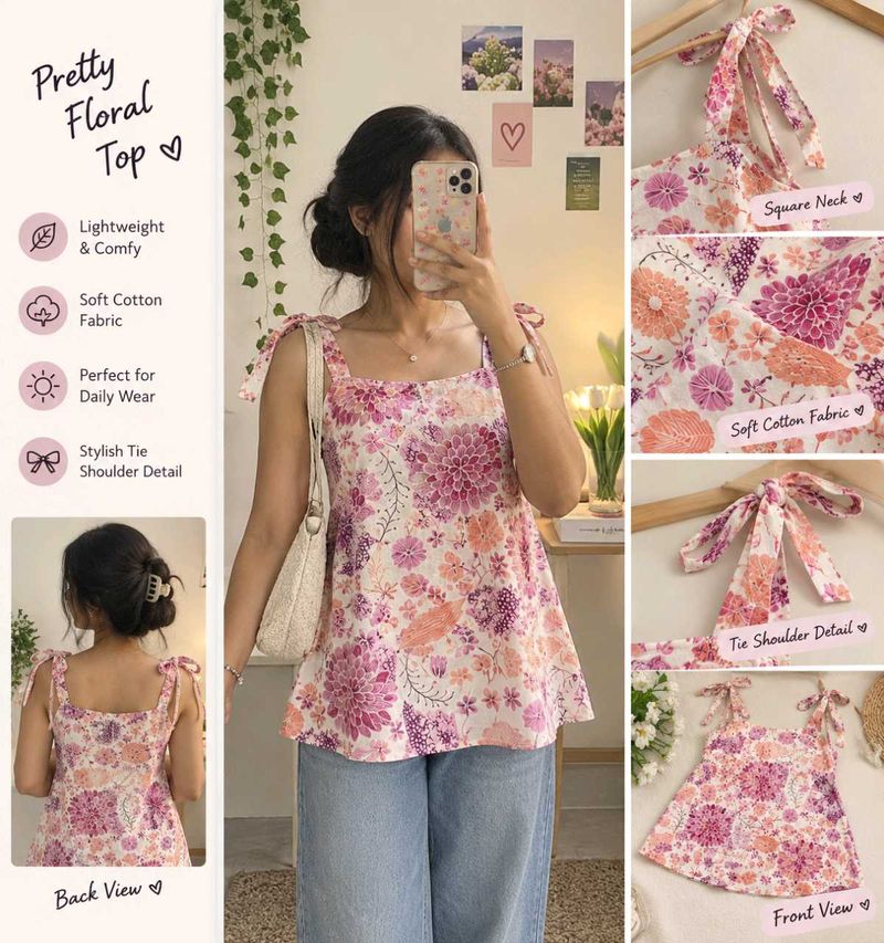 Pretty Floral Tie Shoulder Top