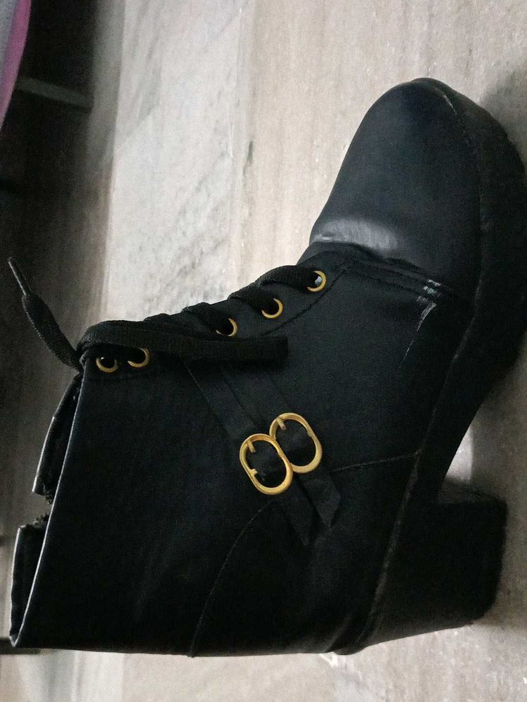 Black Ankle Boots with Gold Buckle Detail