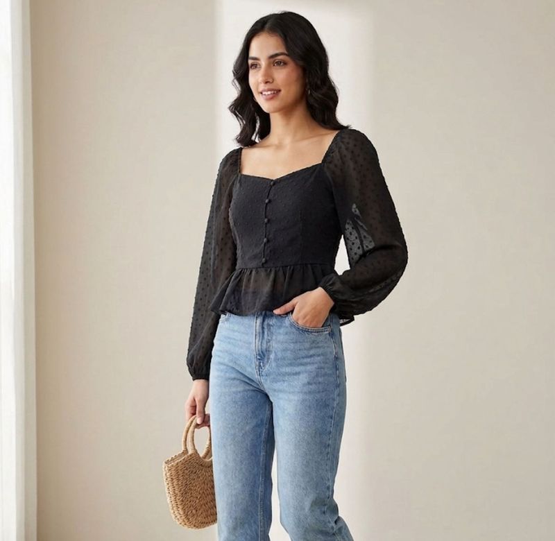 Black Peplum Button-Up Blouse