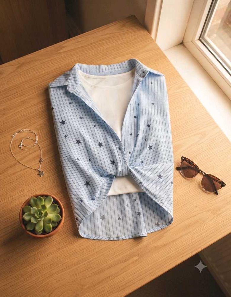 Striped Star Print Twist Front Shirt