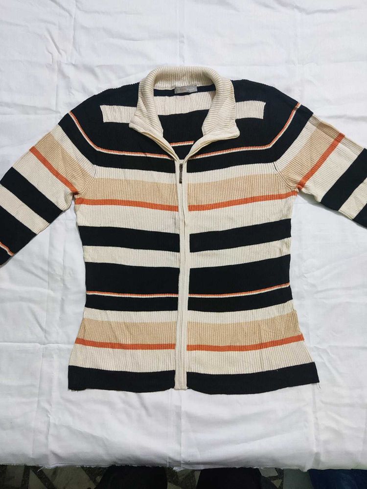 Striped Zip-Up Knit Sweater