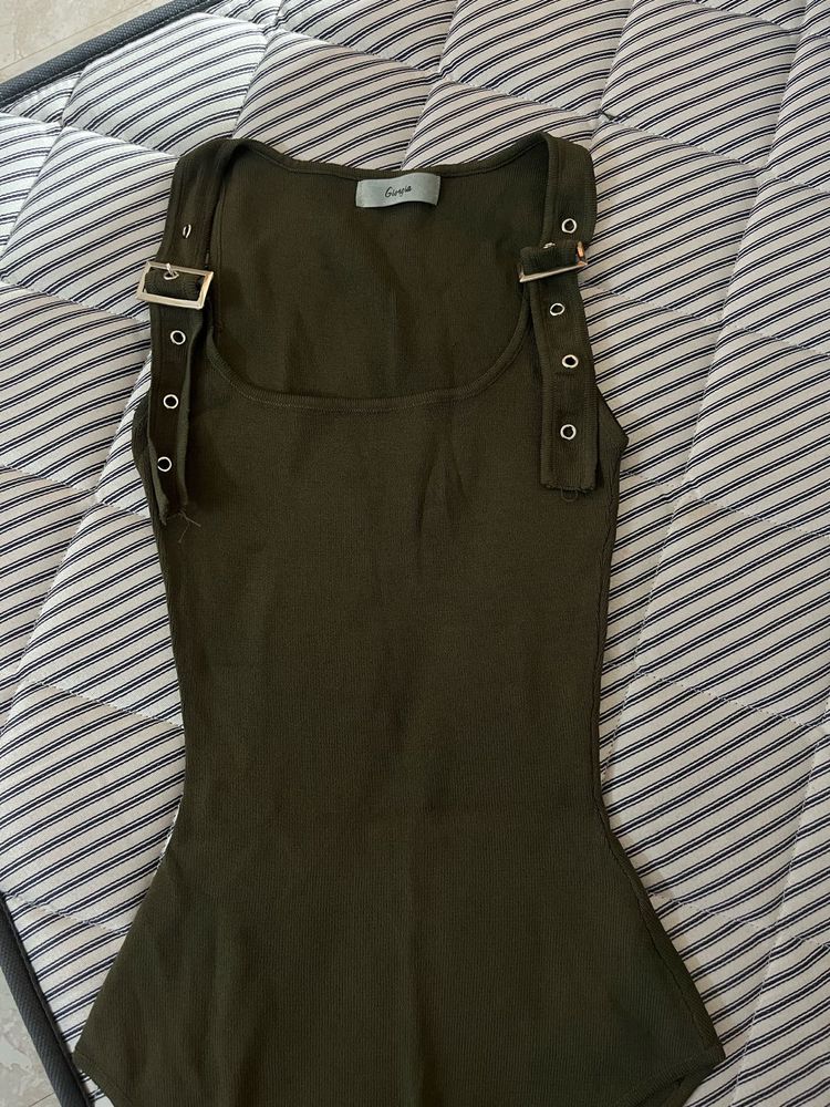 Olive Green Tank Top with Buckle Detail