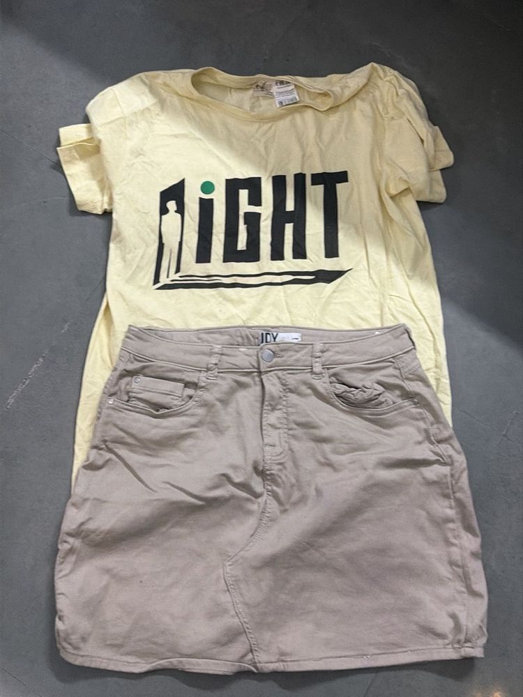 Yellow Graphic T-Shirt &amp; Tan Skirt Set