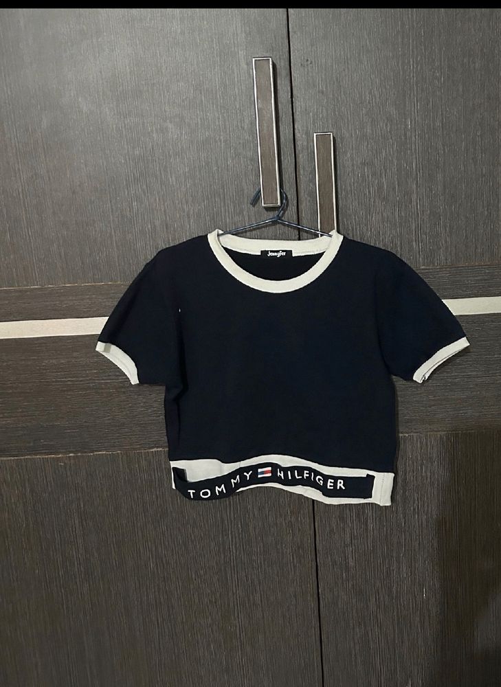 Navy Blue Stylish Crop Top with White Border
