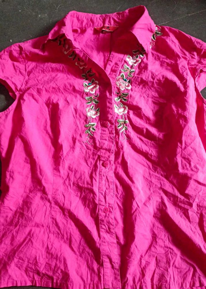 Pink Embroidered Collared Shirt