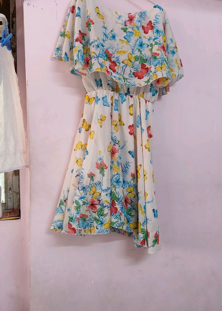 White Georgette Dress With Colourful Butterflies