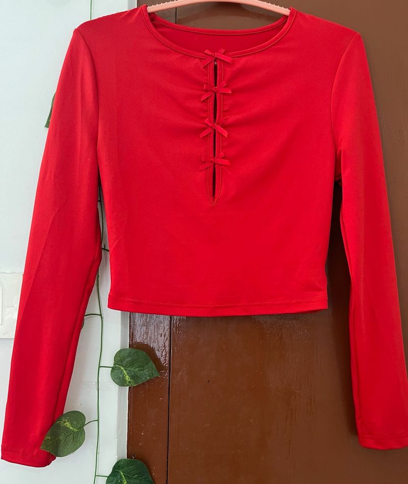 Red Long Sleeve Crop Top with Bow Detail