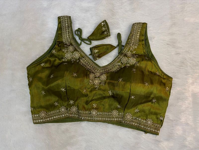 Embroidered Olive Green Organza Blouse
