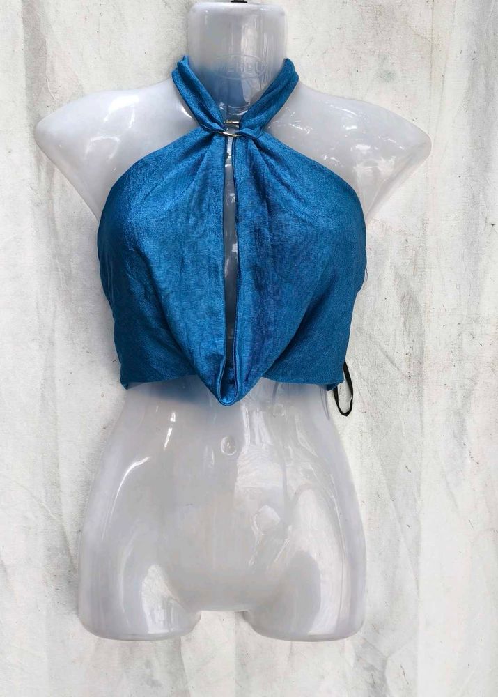38127. Stylish Blue Halter Neck Crop Top