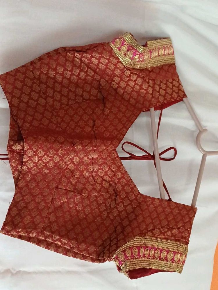 Red Brocade Blouse with Embellished Neckline