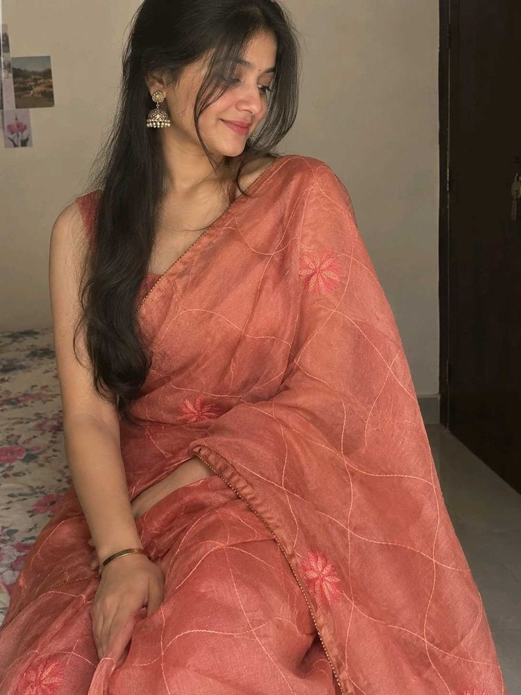Peach Pink Floral Embroidery Saree |