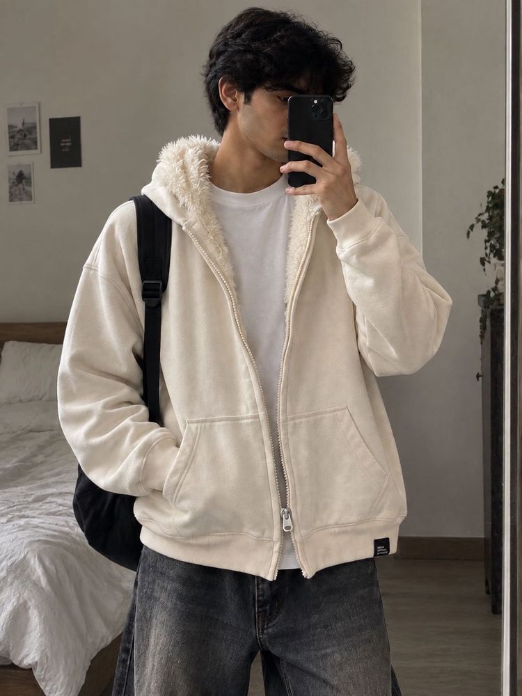 spao korean brand Sherpa Lined Zip-Up Hoodi