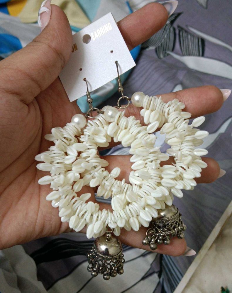 Boho White Jhumka Earrings