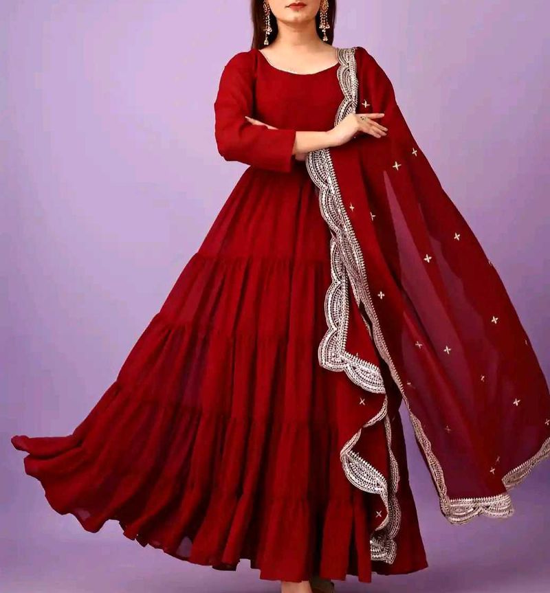 Elegant Red Tiered Gown with Embellished Dupatta