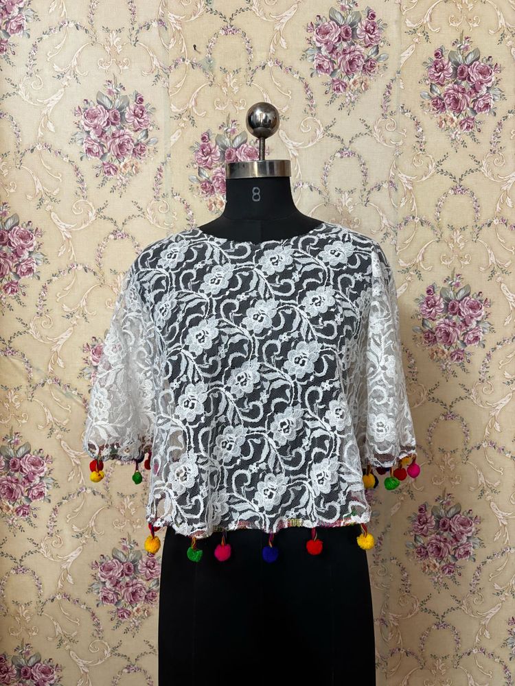Stylish White Lace Blouse with Tassels