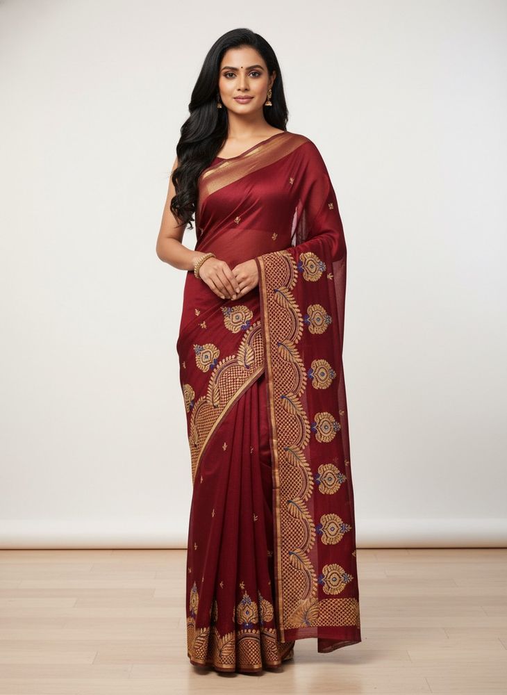 Elegant Maroon Embroidered Zaree Patta Saree