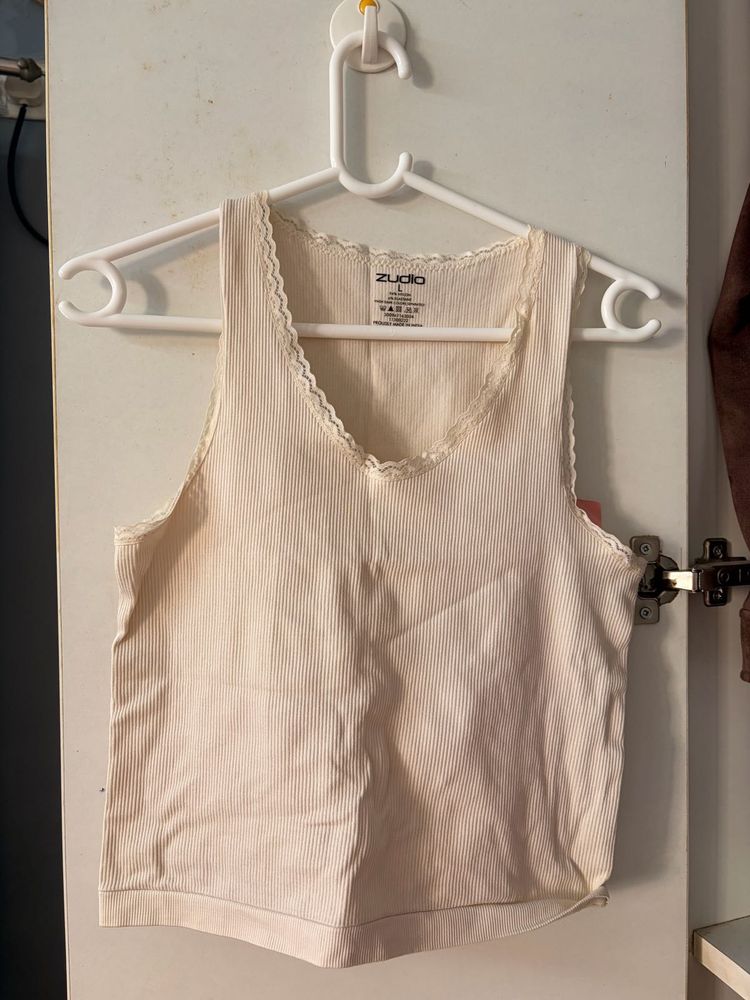 White Ribbed Lace Trim Tank Top