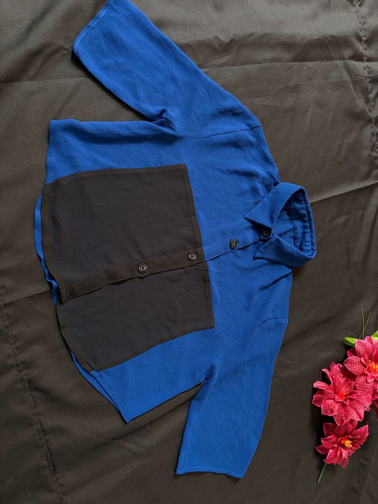 Blue &amp; Black Patchwork Long Sleeve Top