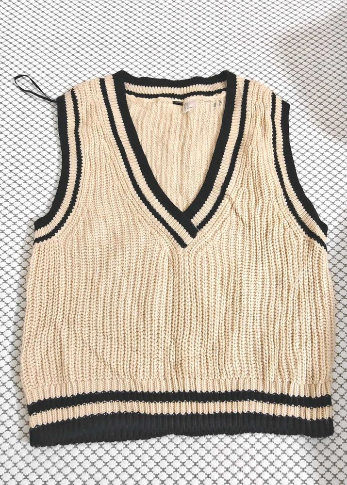 Beige Knit V-Neck Vest