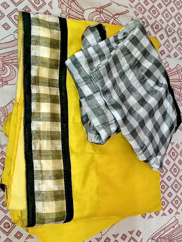 Yellow Saree With Check Blouse