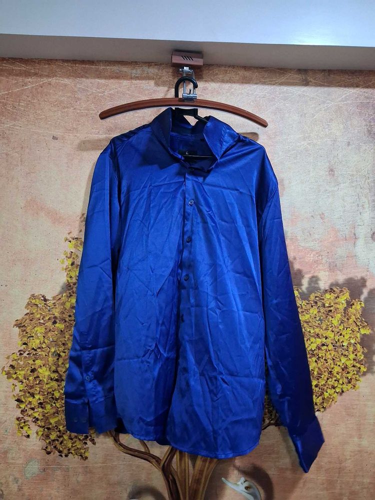 Royal Blue Satin Button-Down Shirt